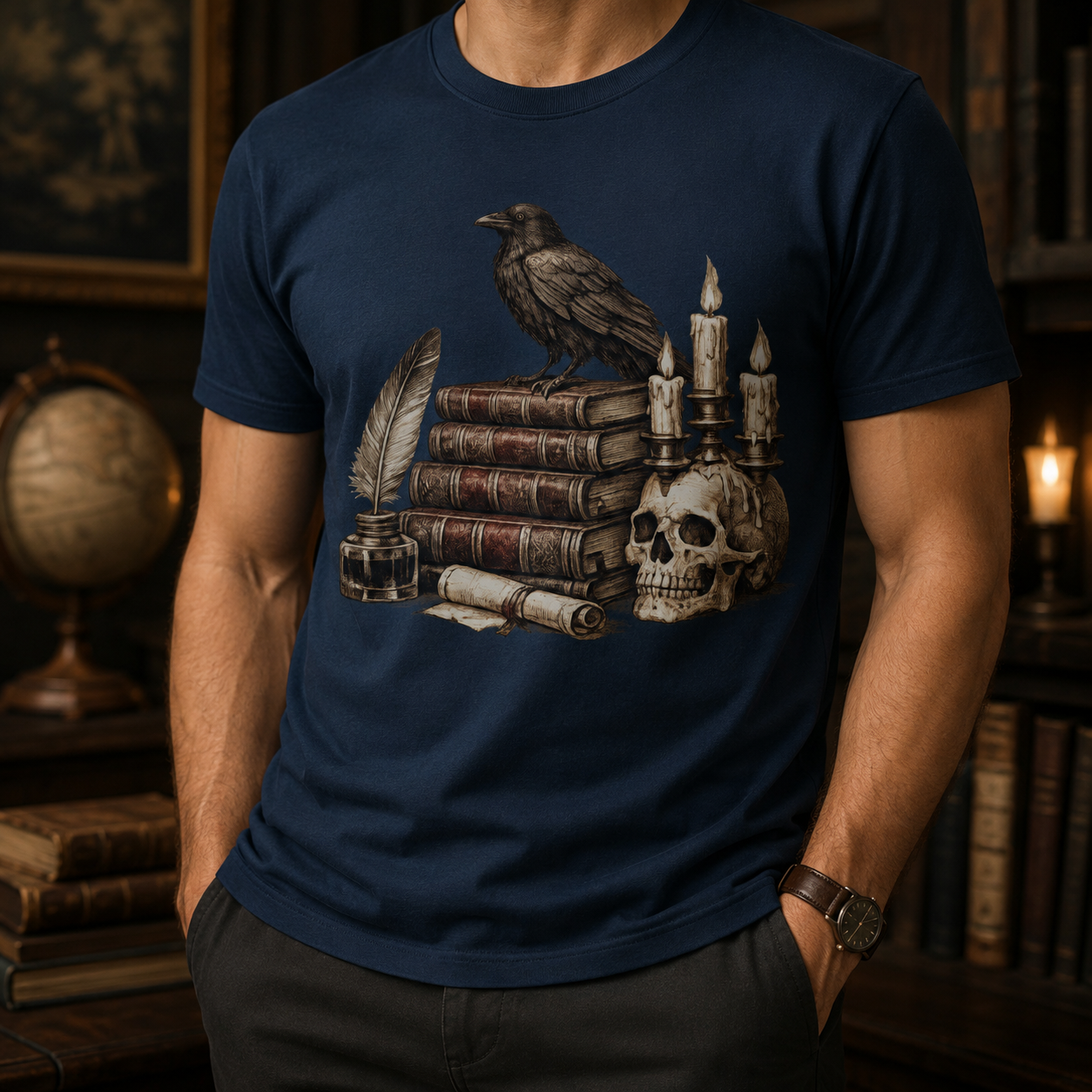 Raven literary tee in True Navy worn by a man standing in a wood-paneled study with a globe and bookshelves in the background, the skull candelabra and raven-on-books design centred on the chest.
