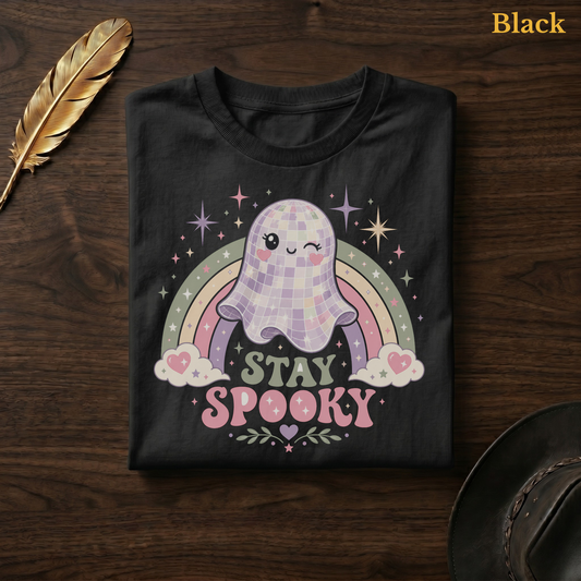 Disco Ball Ghost tee in Black, folded flat on dark walnut wood beside a gold feather and a leather hat, the pastel mirror-ball ghost, rainbow, and Stay Spooky design printed on the chest, labelled Black.