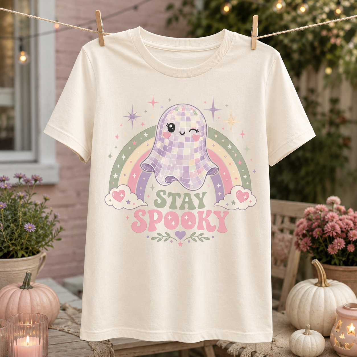 Pastel halloween shirt in Ivory clipped to a clothesline outside a pink house strung with string lights, with white pumpkins and a lit candle nearby, the disco ball ghost and Stay Spooky design centred on the chest.