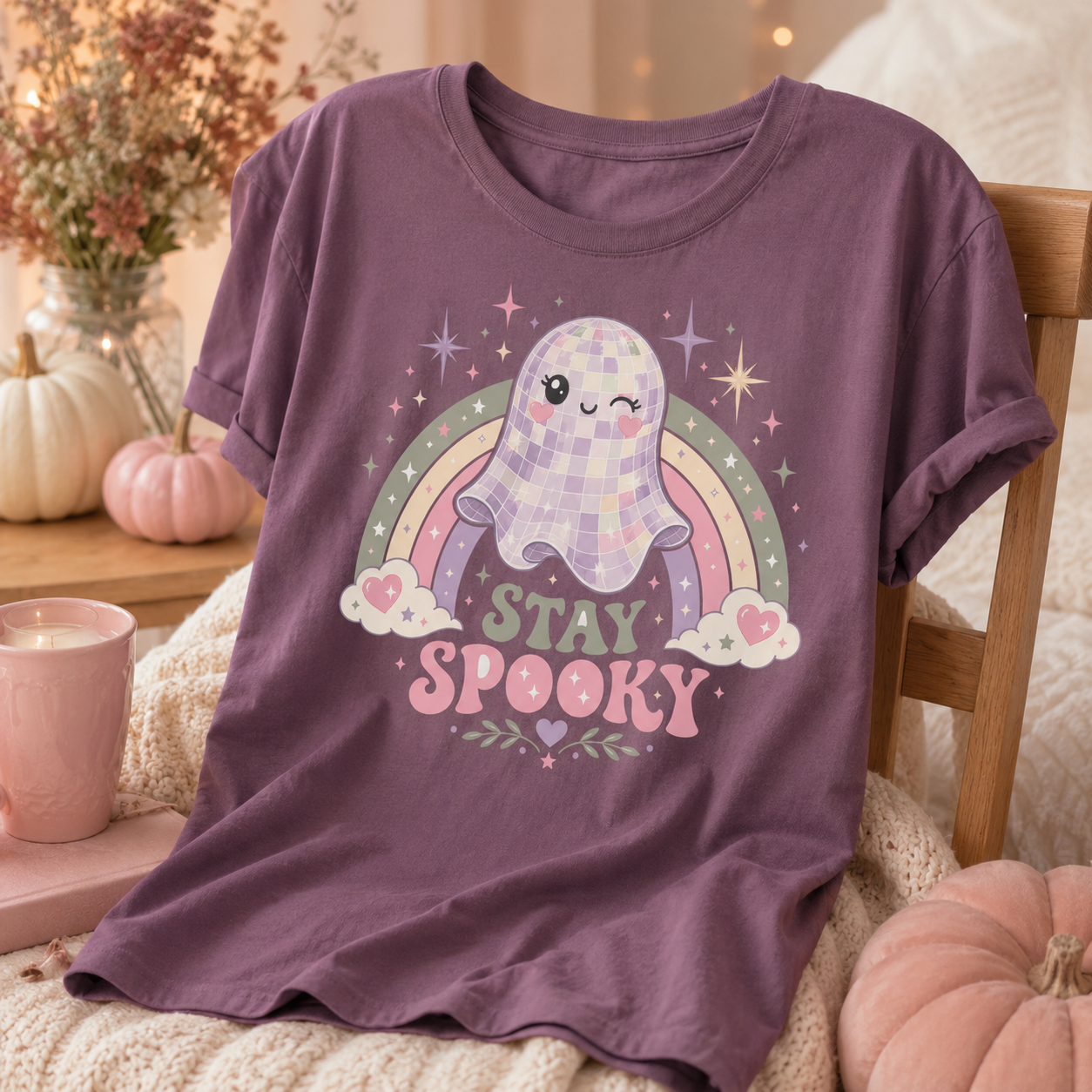 Groovy halloween tee in Berry draped over a wooden chair beside a pink candle, pumpkins, and dried flowers in a cozy interior, the winking mirror-ball ghost and rainbow design displayed on the chest.