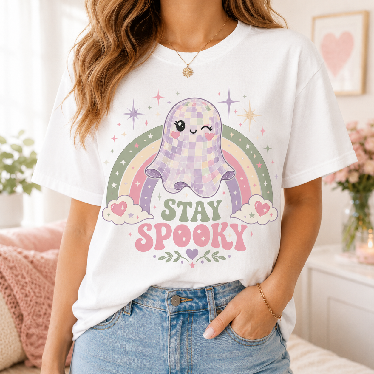 Disco ghost tee in White worn by a woman with a gold necklace and jeans, standing in front of a heart-shaped wall print and pink flowers, the mirror-ball ghost, pastel rainbow, and Stay Spooky design centred on the chest.
