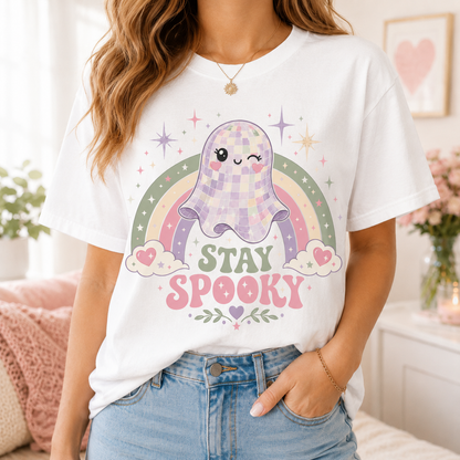 Disco ghost tee in White worn by a woman with a gold necklace and jeans, standing in front of a heart-shaped wall print and pink flowers, the mirror-ball ghost, pastel rainbow, and Stay Spooky design centred on the chest.