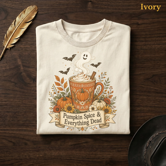 Spiced pumpkin tee in Ivory, folded flat on dark walnut wood beside a gold feather and a leather hat, the terracotta mug, cinnamon stick, leaves, and banner design on the chest, labelled Ivory.