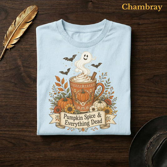 Pumpkin Spice & Everything Dead tee in Chambray, a soft pale blue garment-dyed shirt folded flat on dark walnut wood beside a gold feather and a leather hat, the terracotta ghost mug design on the chest, labelled Chambray.