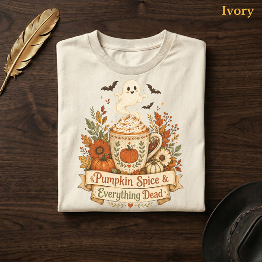 Vintage floral tee in Ivory, folded flat on dark walnut wood beside a gold feather and a leather hat, the sunflower, pumpkin mug, bats, and banner design on the chest, labelled Ivory.