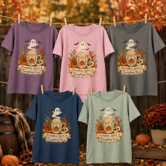 Floral pumpkin shirt shown in five colors — purple, pink, grey, navy, and sage — clipped to a clothesline in a fall backyard with autumn trees, a plaid blanket, and pumpkins nearby, the botanical ghost mug design centred on each chest.