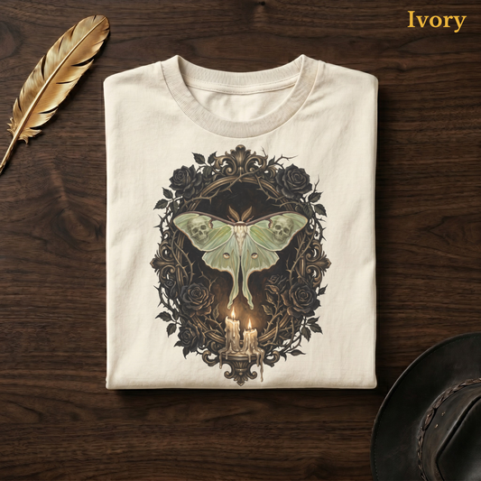 Mourning Moth Sigil painted tee in Ivory, folded flat on dark walnut wood beside a gold feather and a leather hat, the painterly sage moth, skulls, black roses, and candelabra design on the chest, labelled Ivory.