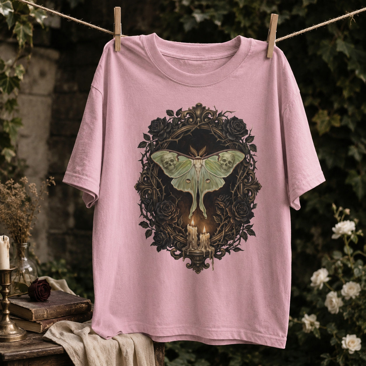 Painted gothic moth shirt in Blossom pink hung by wooden clothespins on a rope line in a garden, the painterly black rose oval, skull-winged moth, and candelabra design printed large and centred on the chest, with a candle, dried flowers, and white roses in the background.

