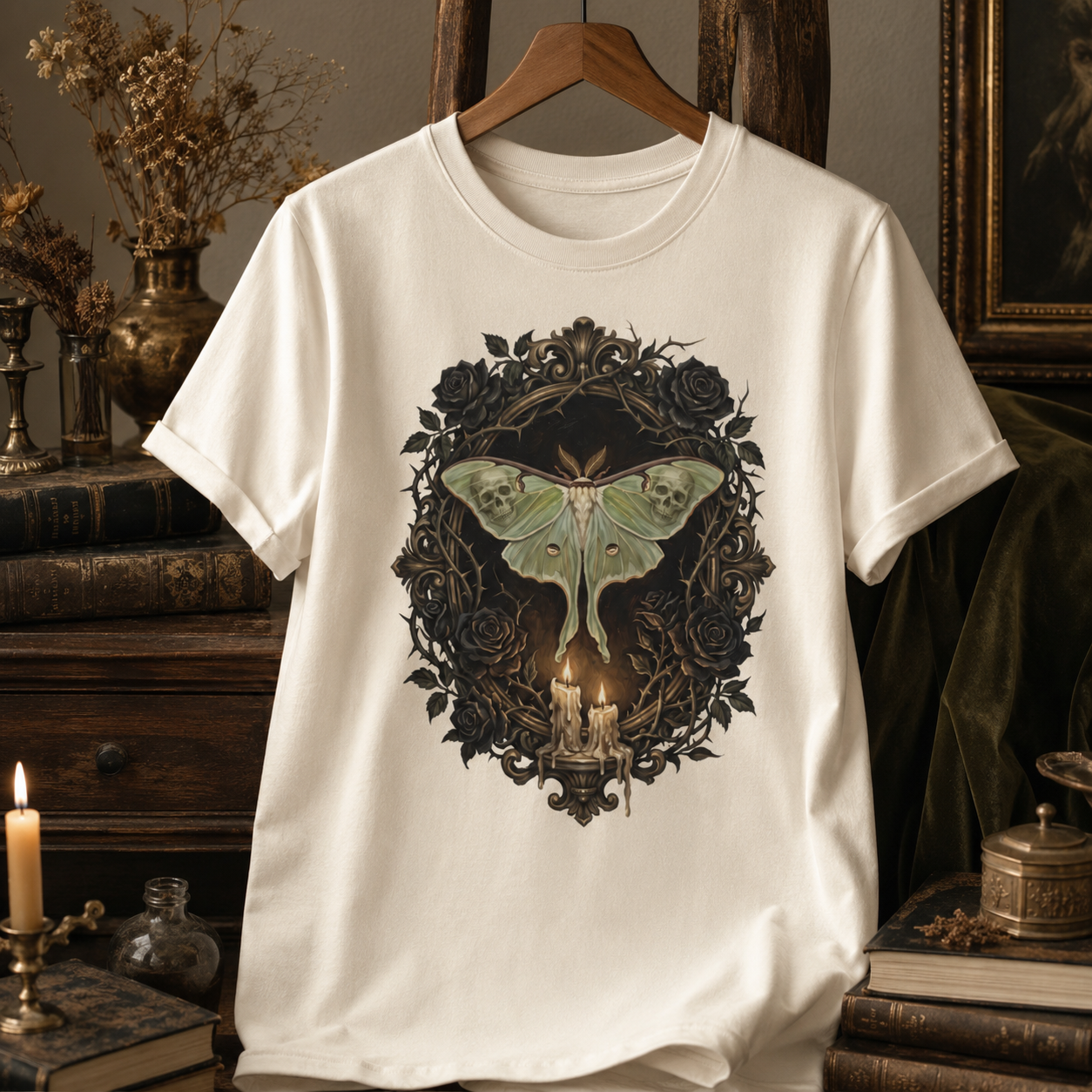 Black rose victorian tee in Ivory on a wooden hanger against an antique interior with a gilded portrait, dried flowers in a brass vase, and stacked books, the painterly skull-moth and candelabra design centred on the chest.
