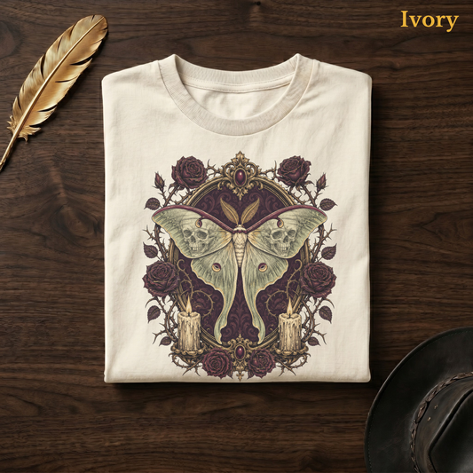 Mourning Moth Sigil tee in Ivory, folded flat on dark walnut wood beside a gold feather and a leather hat, the sage luna moth, skulls, roses, and candles design printed on the chest, labelled Ivory.