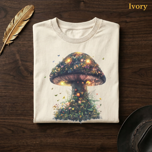 Enchanted Garden Mushroom Comfort Colors t-shirt in Ivory cream, folded on dark wood with gold feather quill and brown hat, displaying the full-colour enchanted wildflower mushroom of dark chocolate cap, golden amber glow, pink cosmos, orange blooms, yellow wildflowers, and scattered butterflies luminous and warmly glowing against the cream garment