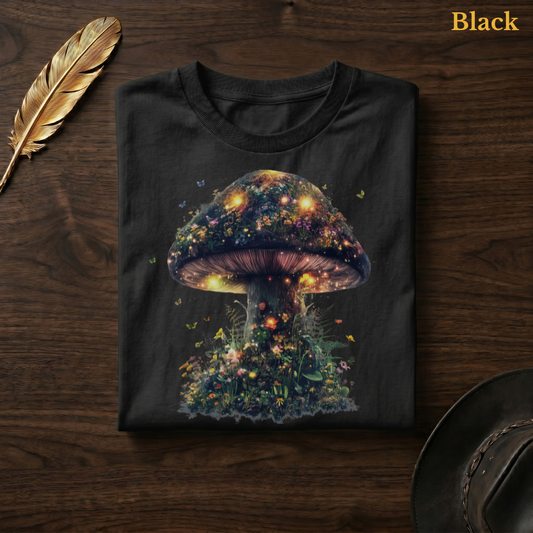Enchanted Garden Mushroom Comfort Colors t-shirt in Black, folded on dark wood with gold feather quill and brown hat, showing the full-colour enchanted wildflower mushroom glowing vividly against the dark garment — the golden amber glow, botanical pink, orange, and yellow blooms, and scattered butterflies luminous and striking against the black fabric — the same colourway as the city sidewalk hero shot