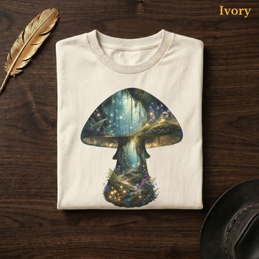 Fairy Forest Mushroom Comfort Colors t-shirt in Ivory cream, folded on dark wood with gold feather quill and brown hat, displaying the full-colour enchanted fairy forest mushroom — the deep teal-green woodland, golden amber glow, and purple-blue wildflowers luminous and warmly glowing against the cream garment — the same colourway as the sofa reading hero shot