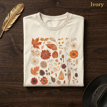 Autumn Field Guide Comfort Colors t-shirt in Ivory cream, folded on dark wood with gold feather quill and brown hat, displaying the full-colour botanical autumn specimen collection of russet leaves, orange and crimson dahlias, white daisies, seed heads, and dried elements on a pale cream garment — the same colourway as the candlelit sofa hero shot