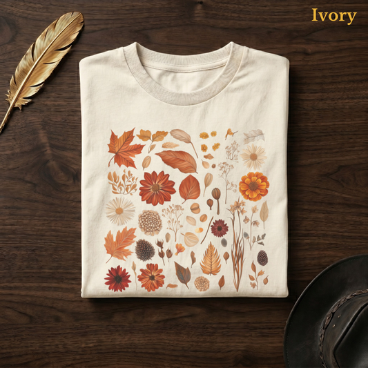 Autumn Field Guide Comfort Colors t-shirt in Ivory cream, folded on dark wood with gold feather quill and brown hat, displaying the full-colour botanical autumn specimen collection of russet leaves, orange and crimson dahlias, white daisies, seed heads, and dried elements on a pale cream garment — the same colourway as the candlelit sofa hero shot