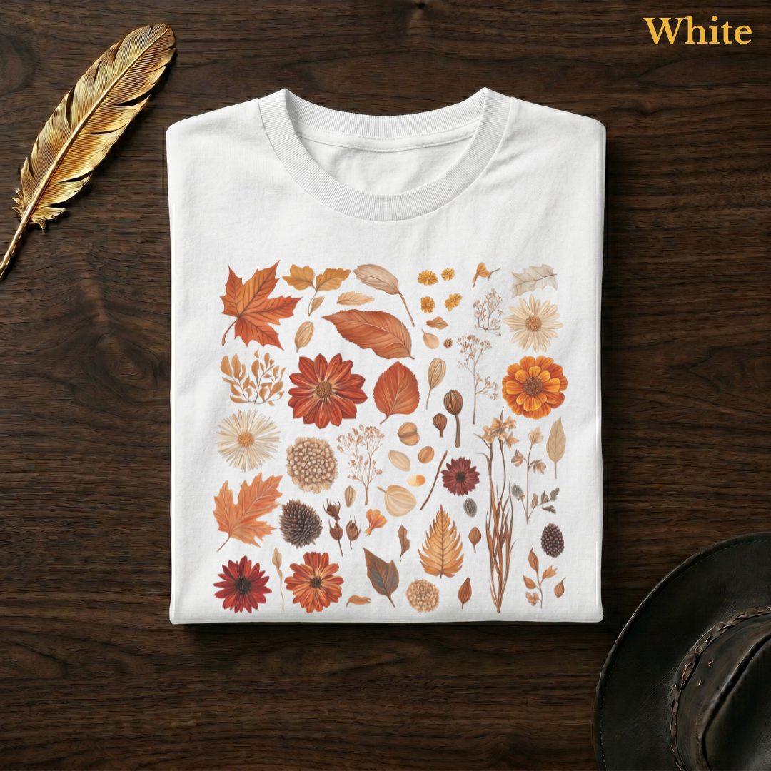Autumn Field Guide Comfort Colors t-shirt in White, folded on dark wood with gold feather quill and brown hat, showing the complete full-colour watercolour botanical autumn specimen collection — maple leaves, dahlias, chrysanthemums, pine cones, acorns, fern frond, dried seed heads, berries, and filler stems in warm terracotta, russet, burnt orange, and cream tones on a clean white garment