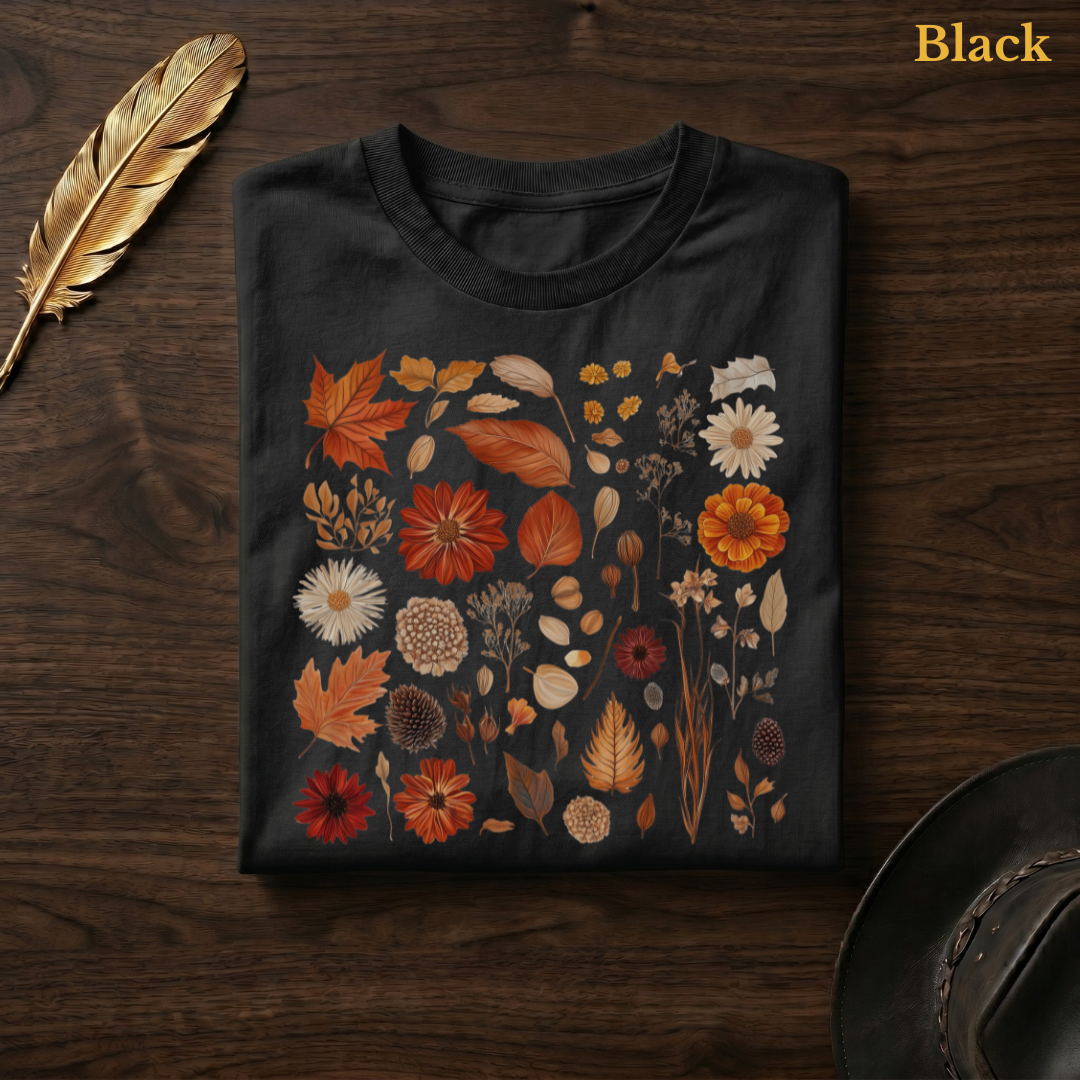 Autumn Field Guide Comfort Colors t-shirt in Black, folded on dark wood with gold feather quill and brown hat, showing the full-colour watercolour botanical autumn specimen grid of leaves, dahlias, chrysanthemums, seed heads, and dried elements glowing warmly against the dark garment — the same colourway as the standing hero shot
