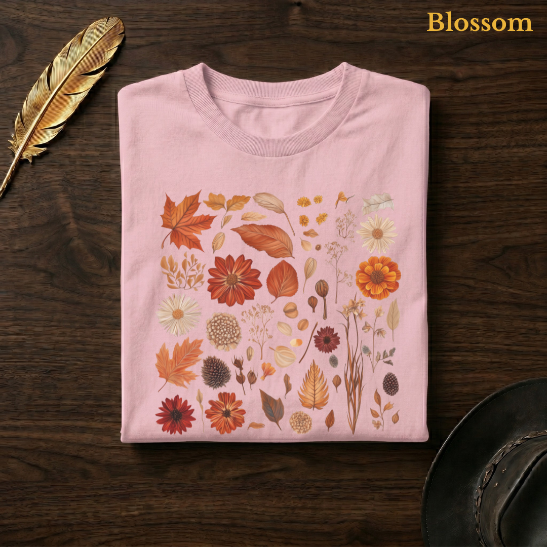 Autumn Field Guide Comfort Colors garment-dyed tee in Blossom soft pink, folded on dark wood with gold feather quill and brown hat, displaying the full-colour botanical autumn specimen collection of russet leaves, orange dahlias, white daisies, and dried elements in warm earthy tones against the blush pink garment