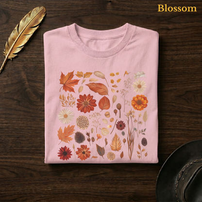 Autumn Field Guide Comfort Colors garment-dyed tee in Blossom soft pink, folded on dark wood with gold feather quill and brown hat, displaying the full-colour botanical autumn specimen collection of russet leaves, orange dahlias, white daisies, and dried elements in warm earthy tones against the blush pink garment