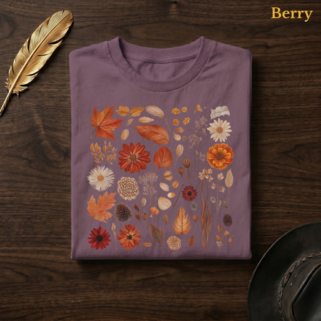 Autumn Field Guide Comfort Colors t-shirt in Berry mauve, folded on dark wood with gold feather quill and brown hat, displaying the full-colour botanical autumn specimen collection of leaves, flowers, pine cones, and dried seed heads — the warm orange and earthy tones of the illustration richly contrasted against the mauve garment