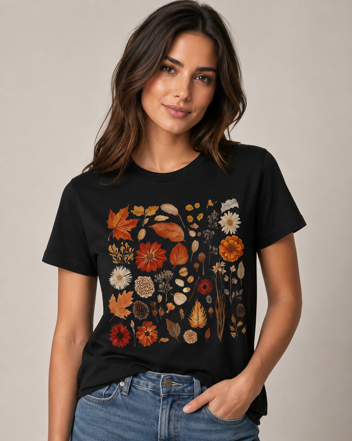 Woman wearing the Autumn Field Guide Comfort Colors tee in Black, standing with one hand in pocket against a warm neutral background — the full-colour watercolour botanical specimen grid of autumn leaves, dahlias, seed heads, and dried elements covering the chest in warm terracotta and russet tones against the dark black garment