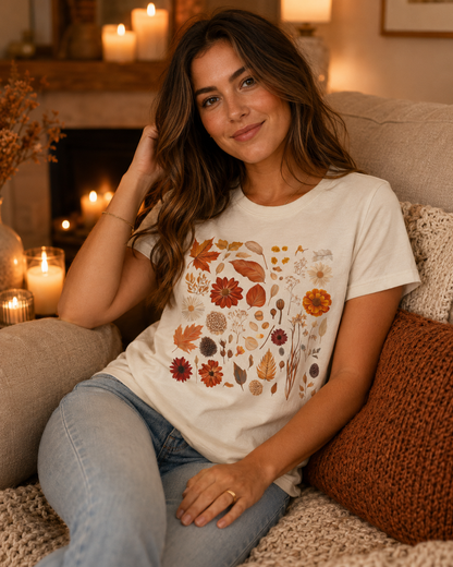 Smiling woman wearing the Autumn Field Guide Comfort Colors tee in Ivory cream, sitting on a sofa in a warmly decorated room with many candles lit, a fireplace mantel, dried autumn botanicals, and terracotta throw pillows visible — the full-colour botanical autumn specimen collection of leaves, dahlias, and seed heads showing in warm orange and russet tones against the cream garment