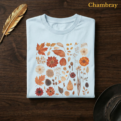 Autumn Field Guide Comfort Colors garment-dyed t-shirt in Chambray pale blue, folded on dark wood with gold feather quill and brown hat, showing the full-colour watercolour botanical autumn specimen collection of leaves, dahlias, chrysanthemums, pine cones, and dried filler elements in warm terracotta, russet, and golden tones against the soft pale blue garment
