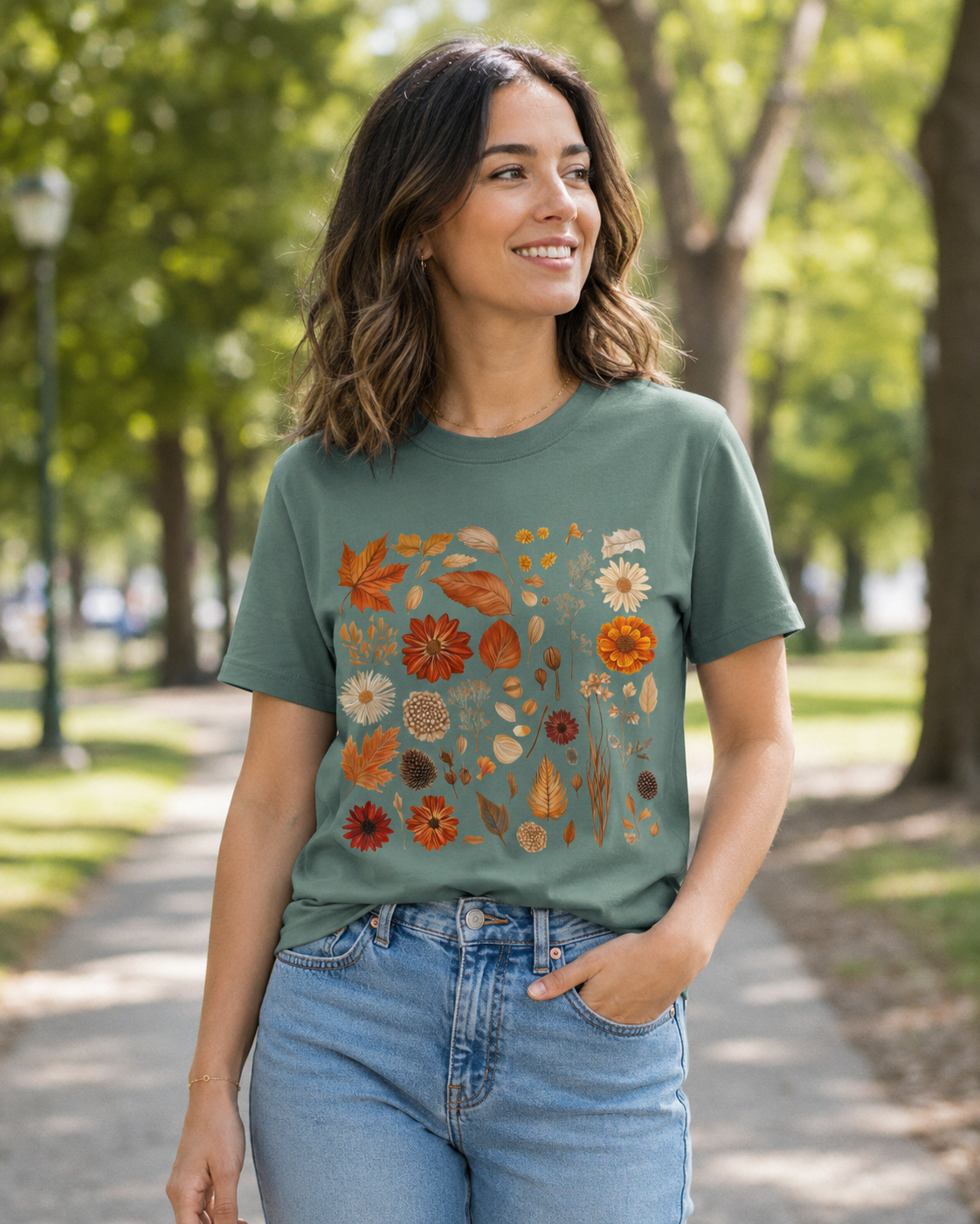 Smiling woman wearing the Autumn Field Guide Comfort Colors tee in Blue Spruce deep teal-green, walking along a sunlit tree-lined park path, looking to the side with a relaxed smile — the full-colour watercolour botanical autumn specimen collection in warm burnt orange, russet, and golden tones striking and seasonal against the deep teal garment