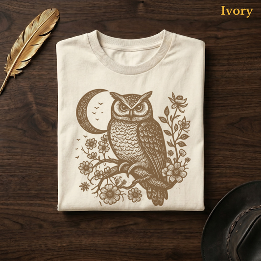 Botanical Owl Moon Comfort Colors t-shirt in Ivory cream, folded on dark wood with gold feather quill and brown hat, displaying the warm sandy engraving-style owl and botanical crescent moon illustration on a pale cream garment — the same colourway as the cafe window hero shot
