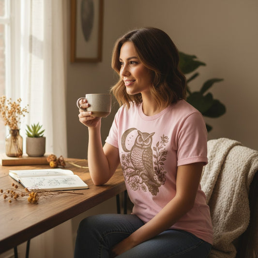Smiling woman wearing the Botanical Owl Moon Comfort Colors t-shirt in Blossom soft pink, sitting at a wooden table with a ceramic mug and open journal, dried wildflowers and small succulents on the table, a houseplant and warm natural light in the background — the engraving-style owl and botanical crescent moon illustration showing in warm earthy tone on the chest
