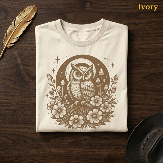 Celestial Owl Full Moon Comfort Colors t-shirt in Ivory cream, folded on dark wood with gold feather quill and brown hat, displaying the warm sandy celestial owl and full moon wildflower folk art illustration on a pale cream garment — the same colourway as the cafe hero shot