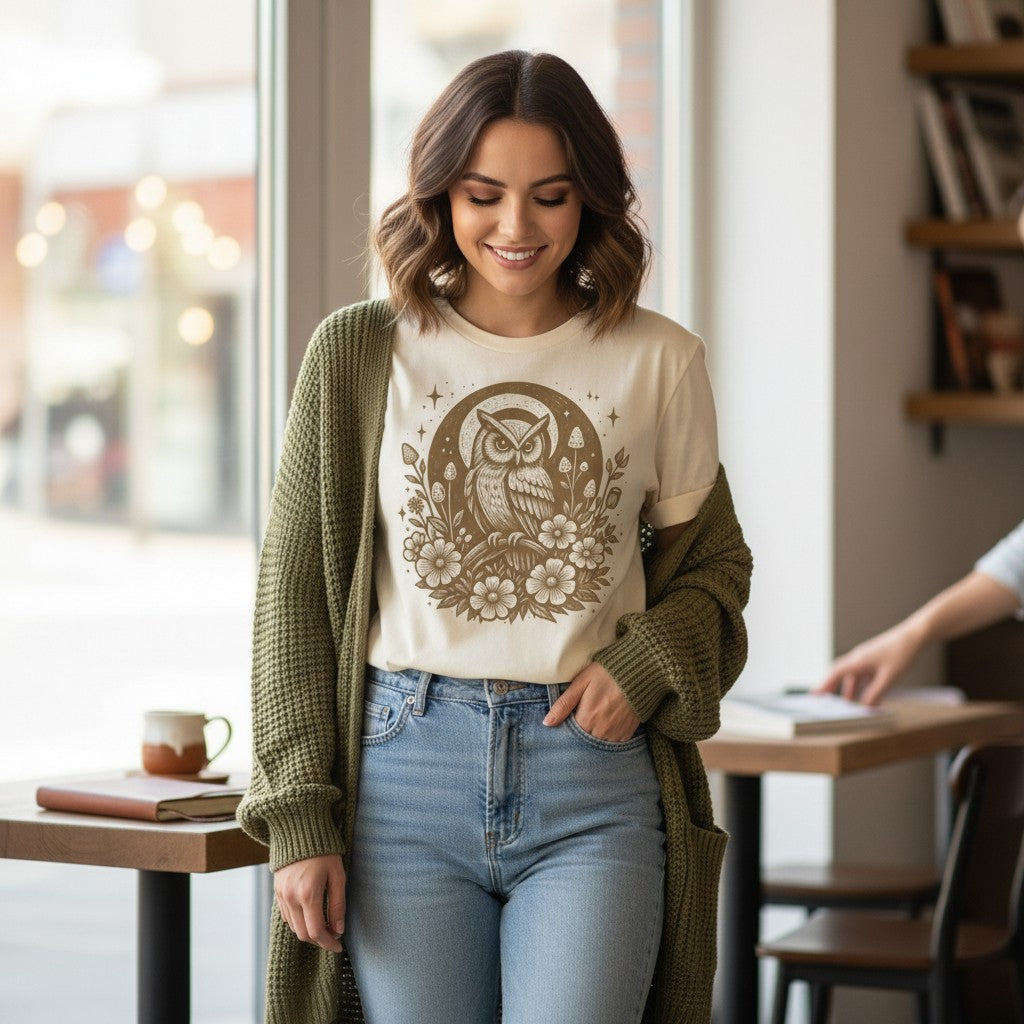 Smiling woman wearing the Celestial Owl Full Moon Comfort Colors tee in Ivory cream, layered under a green knit cardigan, standing at a cafe table with a ceramic mug and a journal, bookshelves visible in the background — the warm sandy owl and full moon wildflower design showing through the open cardigan in a cozy bookish setting