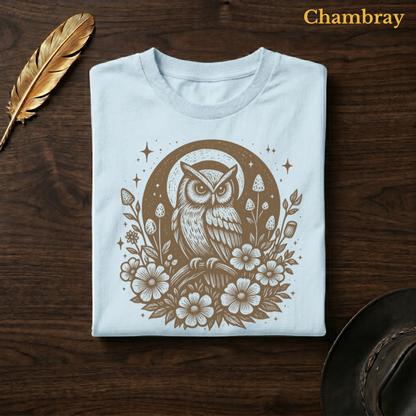 Celestial Owl Full Moon Comfort Colors garment-dyed t-shirt in Chambray pale blue, folded on dark wood with gold feather quill and brown hat, showing the celestial owl and full moon wildflower design in warm earthy tone against the soft blue garment