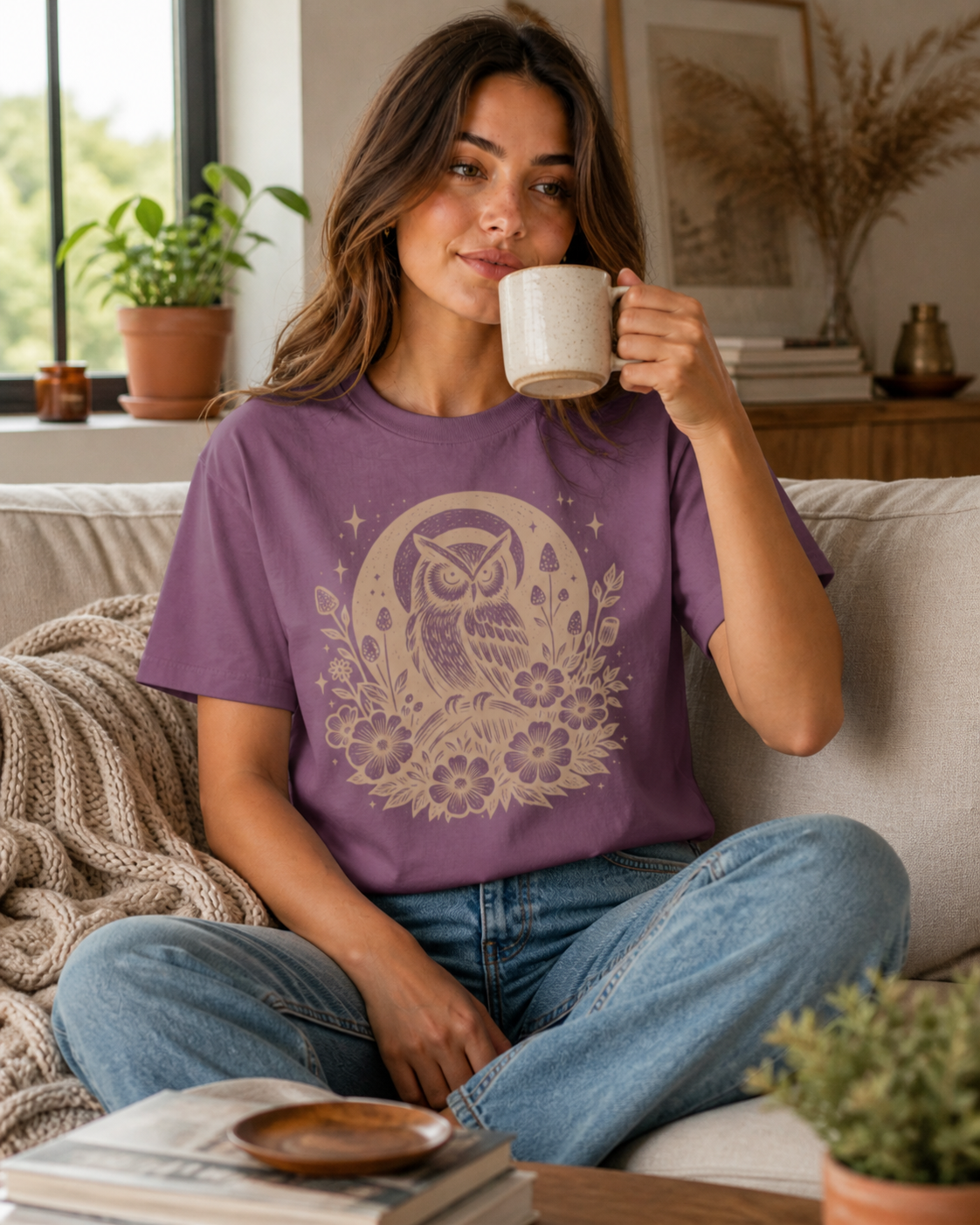 Woman wearing the Celestial Owl Full Moon Comfort Colors t-shirt in Berry mauve-purple, sitting cross-legged on a sofa holding a warm mug with terracotta pots, houseplants, and warm home decor around her — the celestial owl and full moon folk art illustration in warm sandy tone against the mauve garment