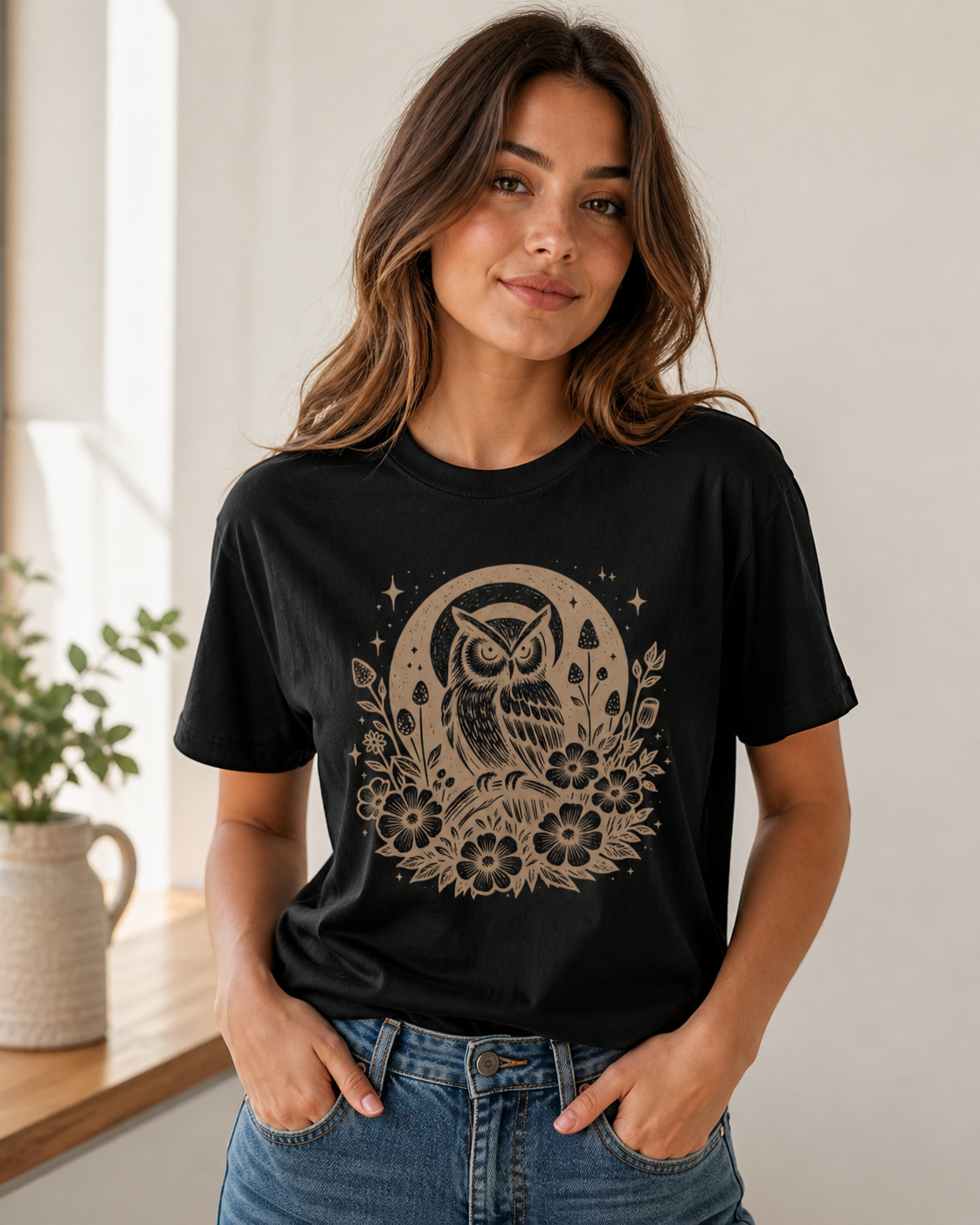 Smiling woman wearing the Celestial Owl Full Moon Comfort Colors tee in Black, standing in a bright minimalist room with hands in pockets — the owl and full moon wildflower folk art design glowing in warm amber tone against the black garment, highly visible against the dark fabric