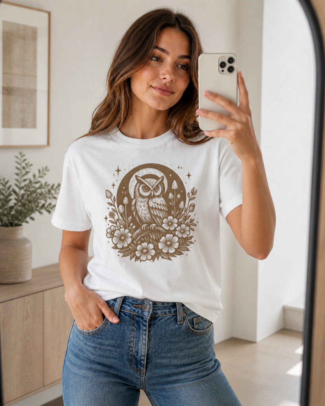 Woman wearing the Celestial Owl Full Moon Comfort Colors t-shirt in White, taking a mirror selfie in a modern minimalist apartment with a plant and neutral decor — the celestial owl and full moon wildflower folk art illustration clearly visible in warm amber tone on the white shirt