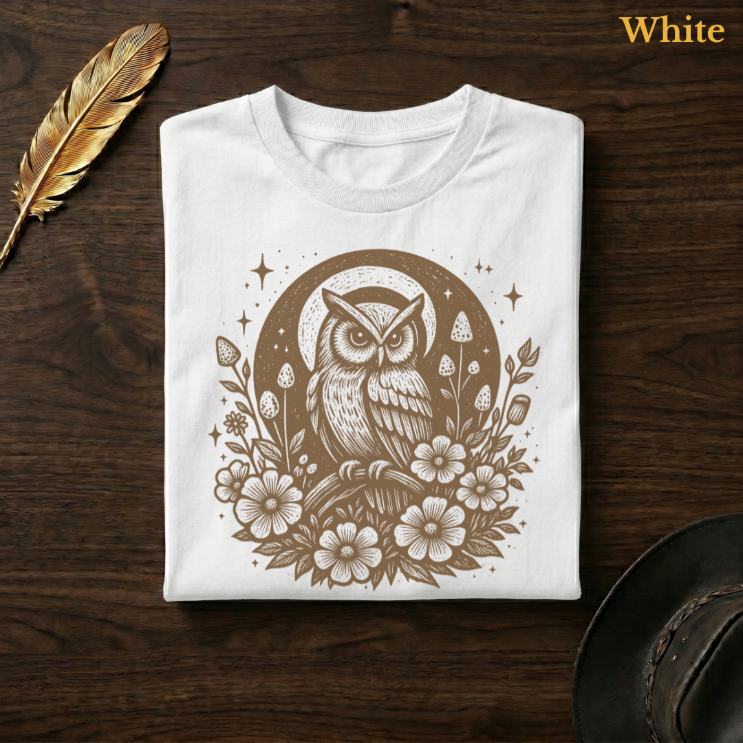 Celestial Owl Full Moon Comfort Colors t-shirt in White, folded on dark wood with gold feather quill and brown hat, showing the full celestial folk art illustration of an owl at the heart of a full moon with four-pointed sparkle stars and large open wildflowers in warm sandy tone on a clean white garment — the same colourway as the mirror selfie hero shot