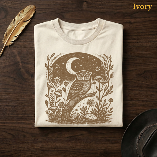 Witchy Owl Forest Comfort Colors t-shirt in Ivory cream, folded on dark wood with gold feather quill and brown hat, displaying the warm sandy atmospheric folk art owl and forest night scene on a pale cream garment