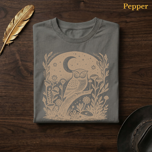 Witchy Owl Forest Comfort Colors t-shirt in Pepper olive-charcoal, folded on dark wood with gold feather quill and brown hat, showing the atmospheric folk art owl and moon scene in warm amber tone against the deep earthy garment — the same colourway as the living room and garden bench hero shots