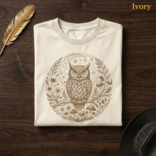 Boho Owl Moon Comfort Colors t-shirt in Ivory cream, folded on dark wood with gold feather quill and brown hat, displaying the warm sandy circular folk art owl and botanical medallion illustration on a pale cream garment — the same colourway as the cottage garden hero shot
