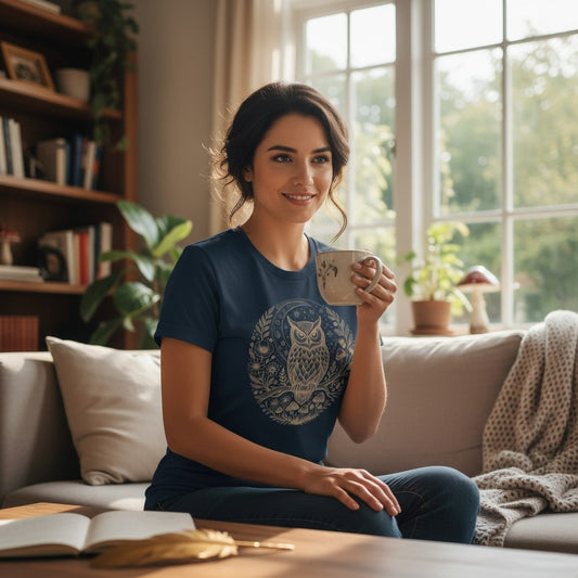 Smiling woman wearing the Boho Owl Moon Comfort Colors t-shirt in True Navy deep blue, sitting on a sofa in a warmly lit living room with bookshelves, a monstera plant, and natural light through a large window, holding a botanical-patterned mug — the circular owl and moon folk art medallion glowing in warm amber tone against the navy garment, with a notebook and gold feather quill on the coffee table