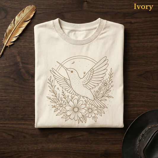 Boho Hummingbird & Wildflowers Comfort Colors t-shirt in Ivory cream, flat lay on dark wood with gold feather quill, displaying the warm sandy botanical hummingbird and wildflowers illustration on a pale cream garment — the same colourway as the golden hour garden hero shot