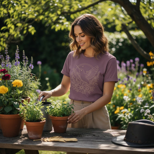 Smiling woman wearing the Boho Hummingbird & Wildflowers Comfort Colors tee in Berry mauve-purple, tending to terracotta pots of lavender, marigolds, and herbs on a garden table in dappled sunlight, with a straw hat nearby and a lush flowering garden in the background