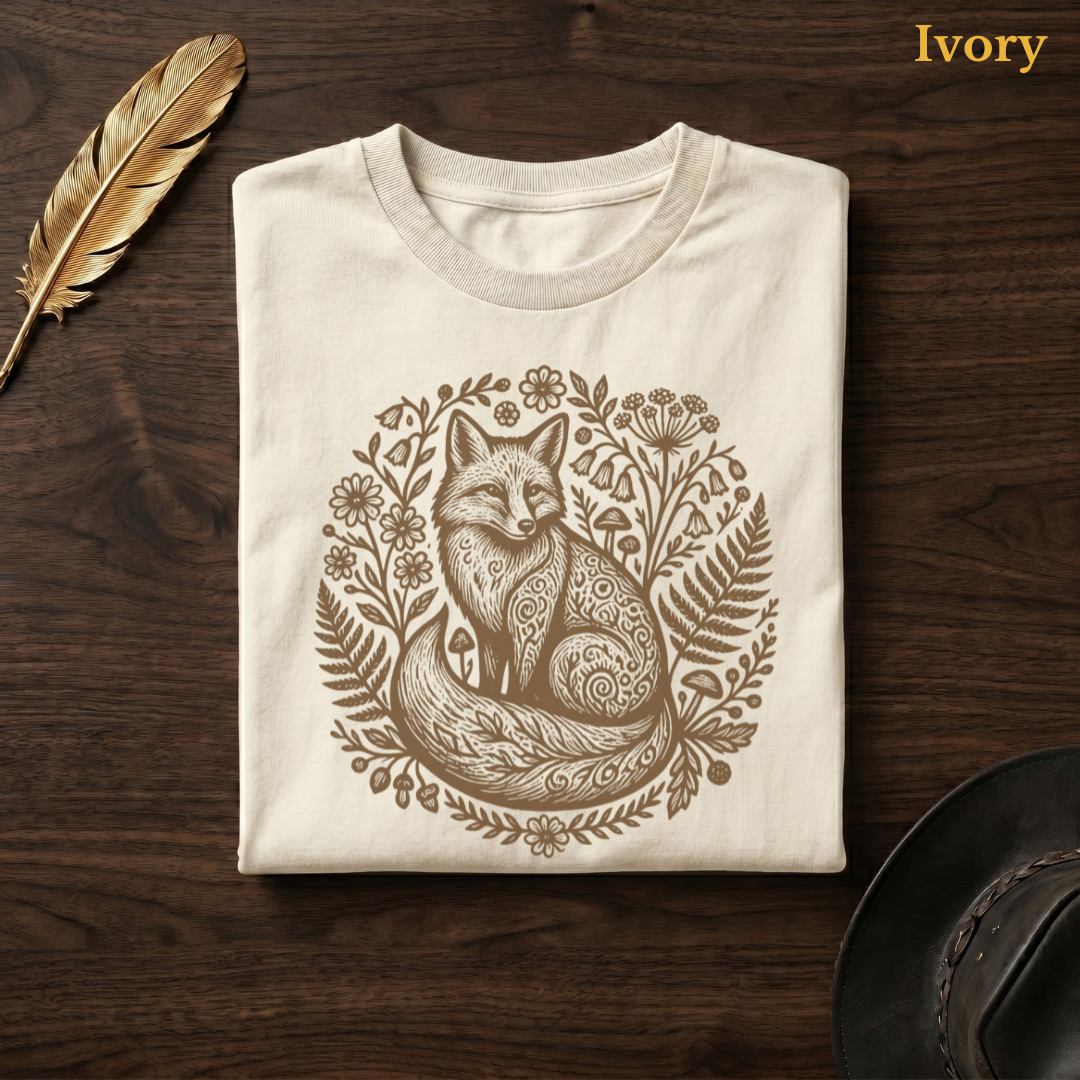 Celtic Fox Medallion Comfort Colors t-shirt in Ivory cream, flat lay on dark wood with gold feather quill, displaying the warm sandy circular folk art fox medallion with spiral patterns and botanical wreath on a pale cream garment — the same colourway as the meadow, grass, and cafe hero shots