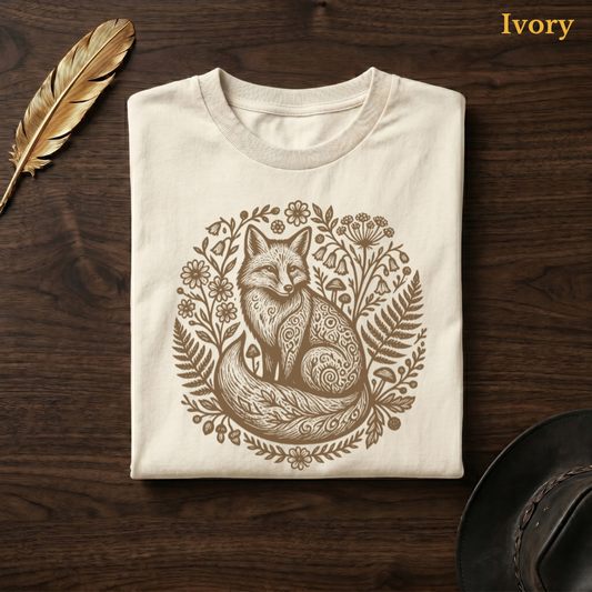 Celtic Fox Medallion Comfort Colors t-shirt in Ivory cream, flat lay on dark wood with gold feather quill, displaying the warm sandy circular folk art fox medallion with spiral patterns and botanical wreath on a pale cream garment — the same colourway as the meadow, grass, and cafe hero shots