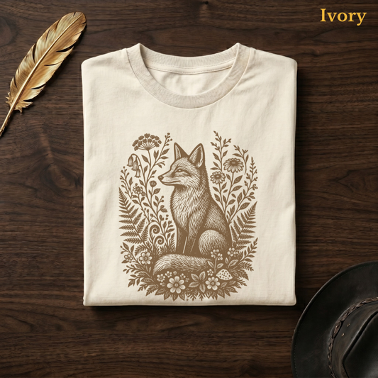 Woodland Fox Folk Print Comfort Colors t-shirt in Ivory cream, flat lay on dark wood with gold feather quill, displaying the warm sandy vintage linocut fox and forest botanical illustration on a pale cream garment — the same colourway as the garden and studio hero shots