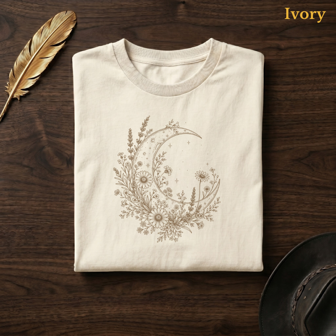 Moon & Wildflowers Comfort Colors t-shirt in Ivory cream, flat lay on dark wood with gold feather quill, displaying the warm sandy botanical moon and wildflower illustration on a pale cream garment — the same colourway as the gardening hero shot