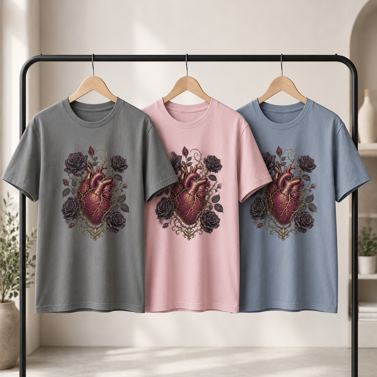Anatomical Heart in Bloom tee shown in three colorways on wooden hangers on a clothing rack: Pepper, Blossom, and Blue Jean, each with the gothic heart and black rose design centred on the chest.