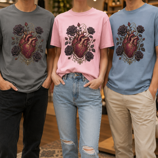 Goth heart shirt worn by three models side by side in Pepper, Blossom, and Blue Jean, the anatomical heart and black rose design centred on each chest.