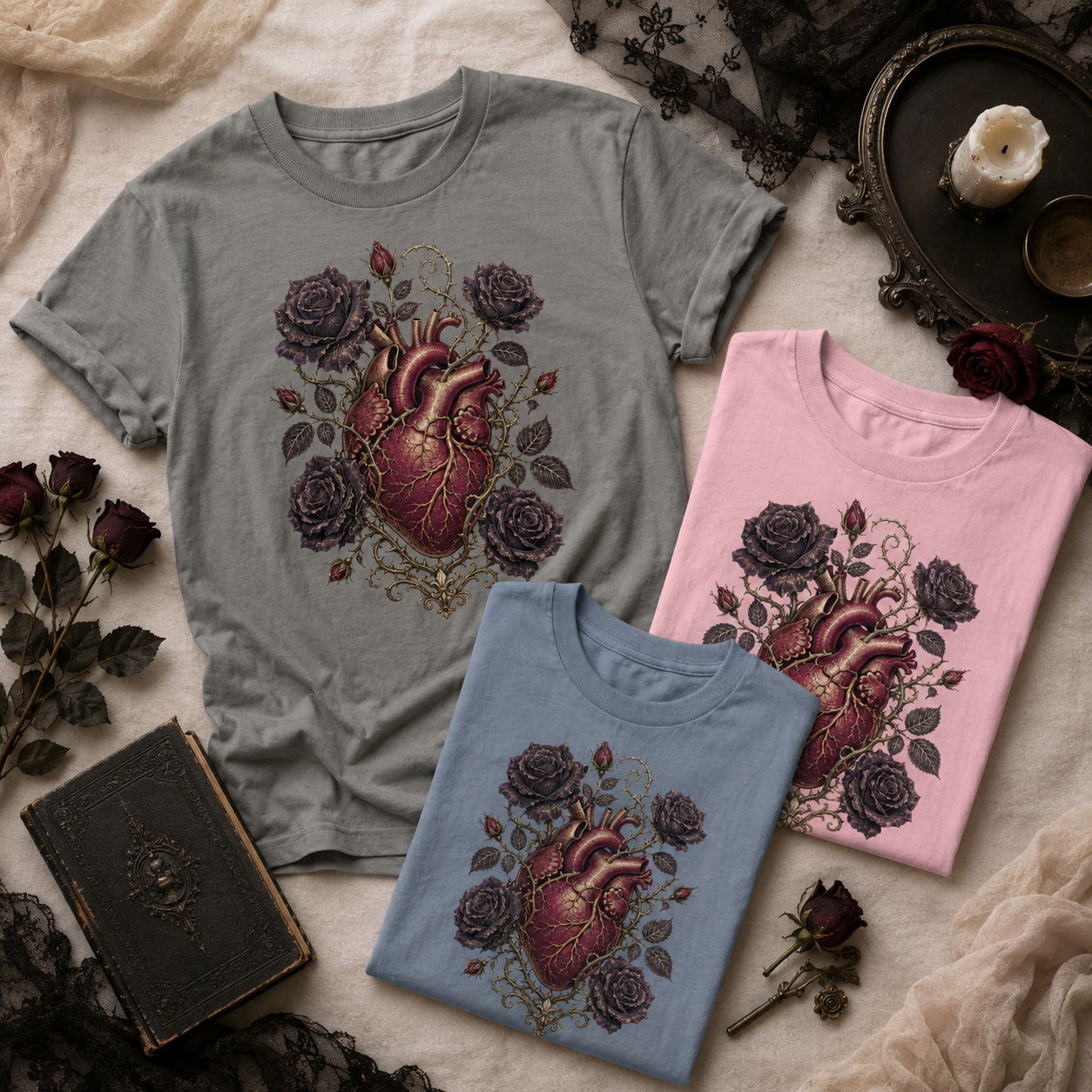 Dark valentine tee shown in three settings: a Pepper tee laid flat beside black lace, a lit candle in an ornate holder, and dried red roses; a folded Blossom tee; and a folded Blue Jean tee, each printed with the anatomical heart and rose design.